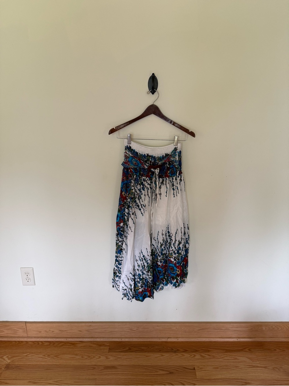 White Floral Border Maxi Skirt with Blue & Red Accents